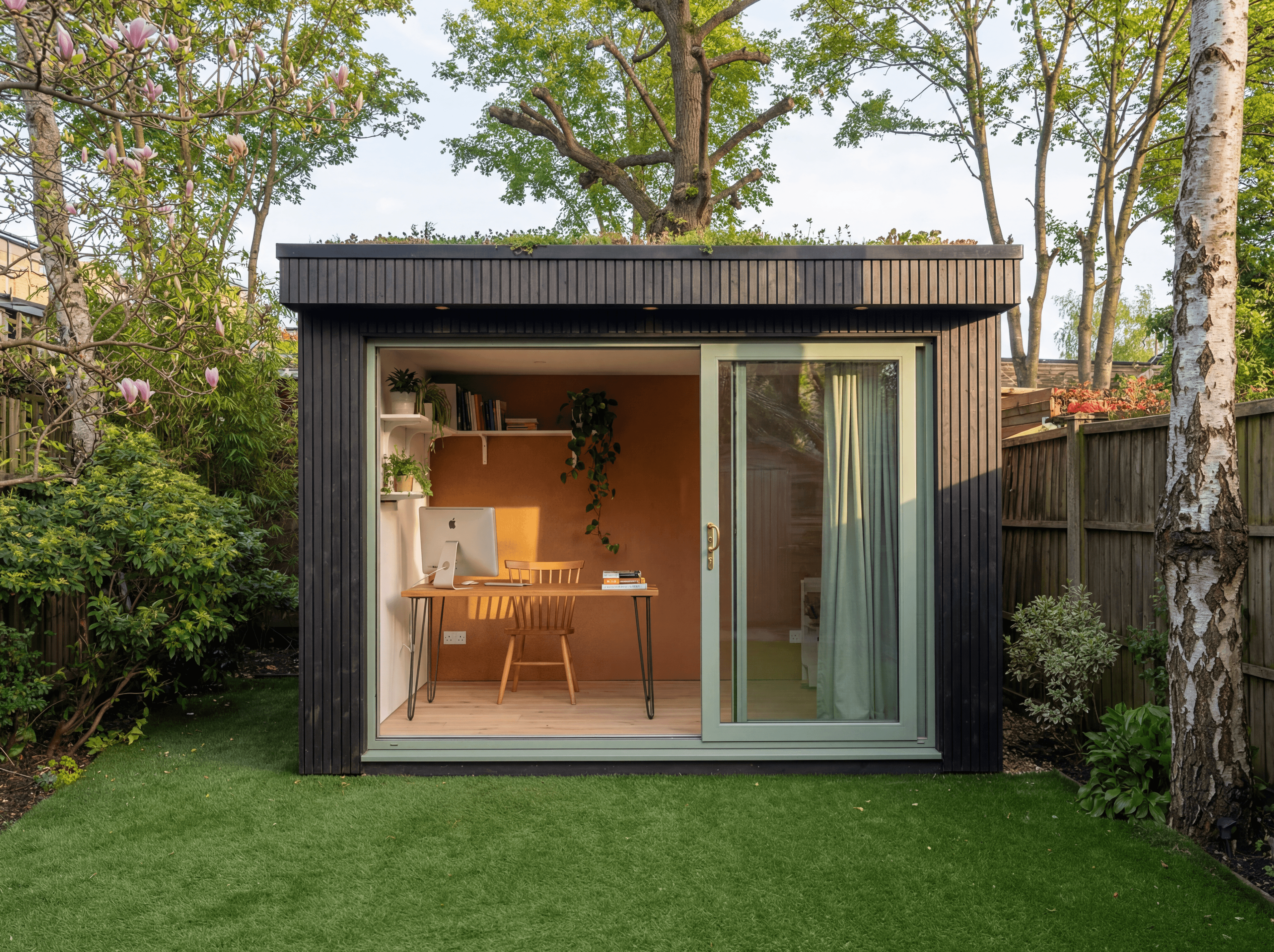 Suburban lawn garden with AI-rendered garden room installed
